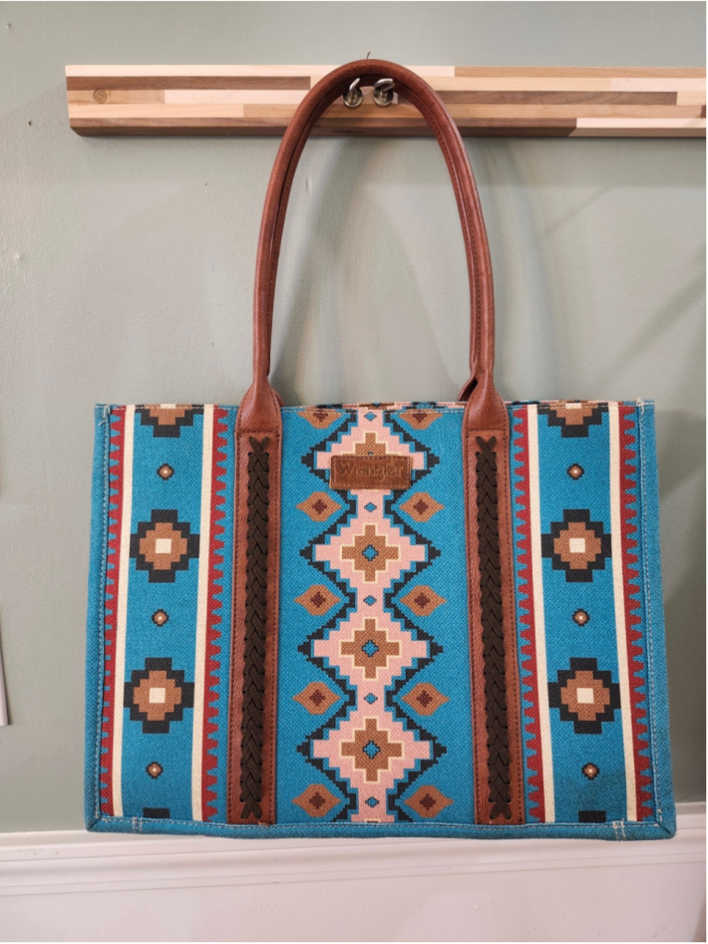 Women's Wrangler Tote Bag One Size Blue Brown Southwestern Pattern - Picture 1 of 15